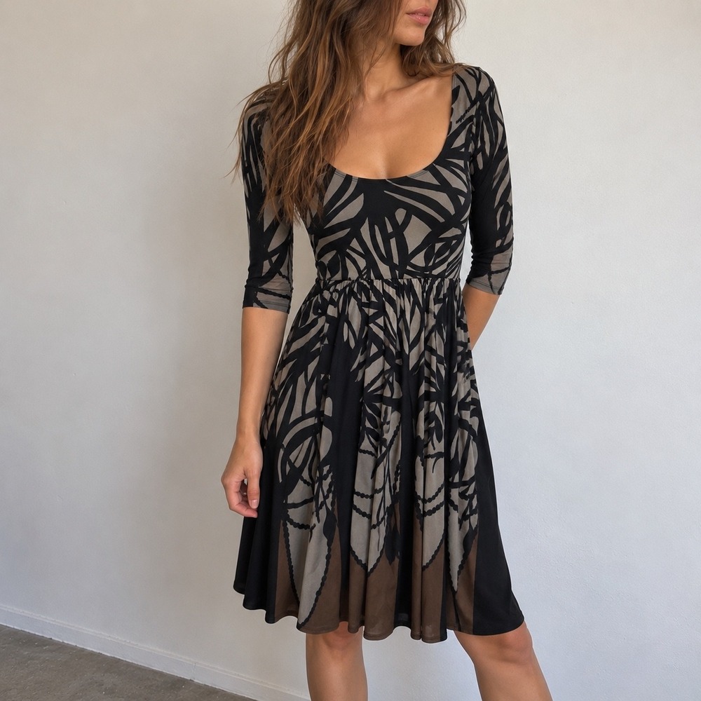 Mara Hoffman Black Brown Abstract Leaf Dress Open Back XS Y2K Fairy Whimsigoth